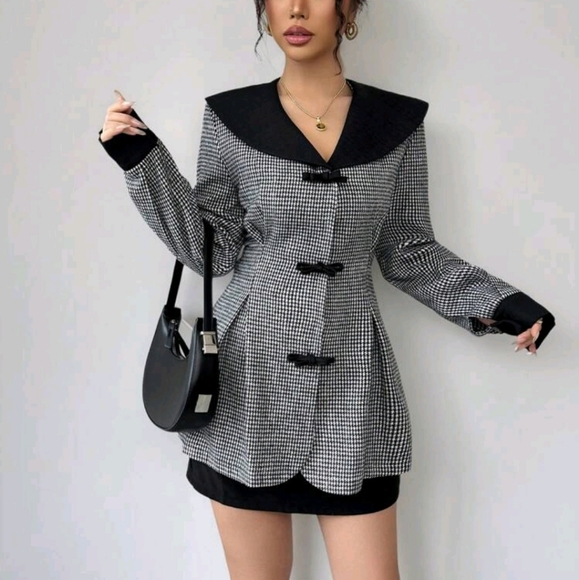 Women's Houndstooth Pattern Front Bow Decor Jacket - Picture 3 of 6